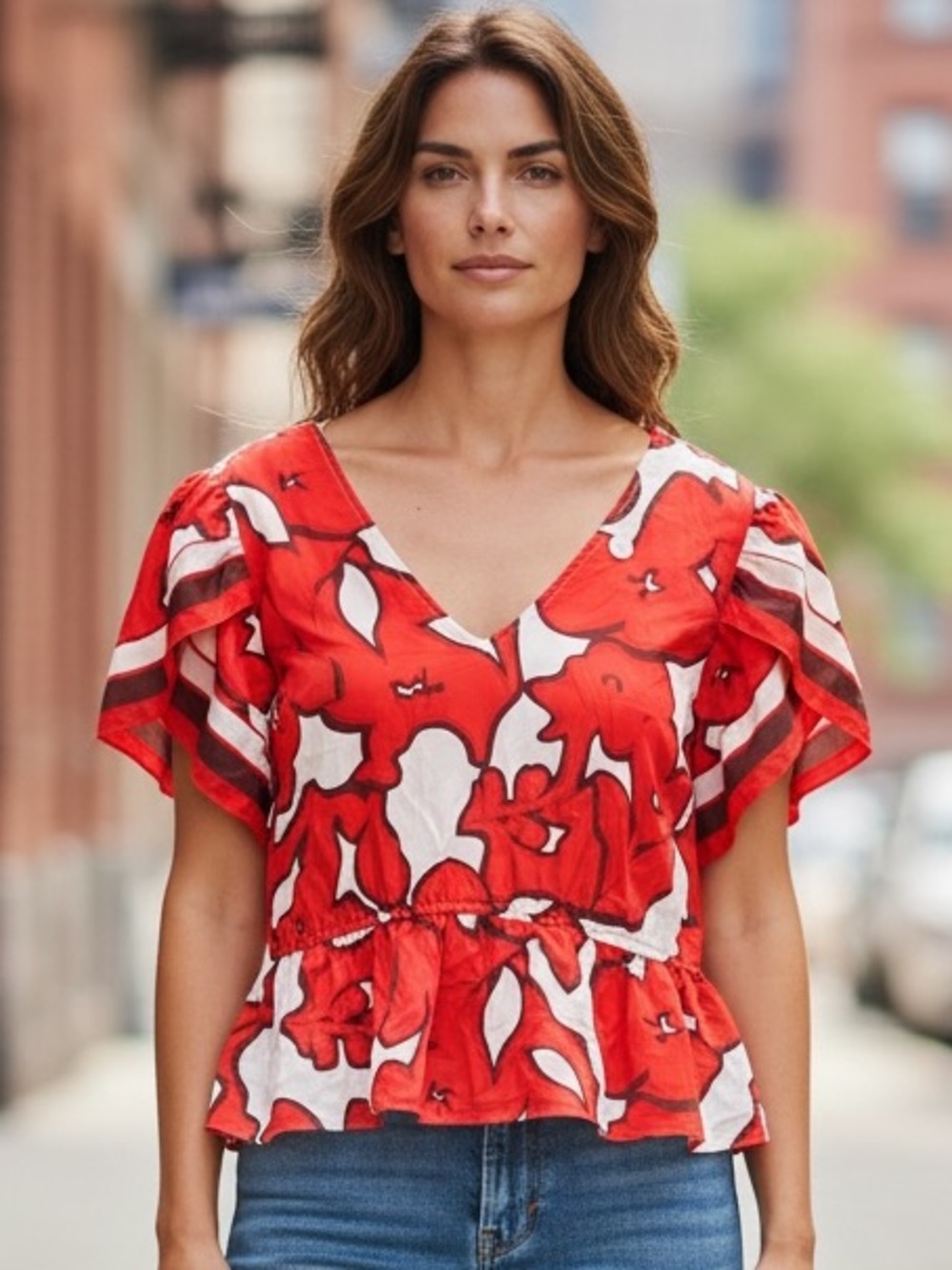 NWT Nine West Top XL Red Floral V-Neck Peplum Top Petal Sleeve